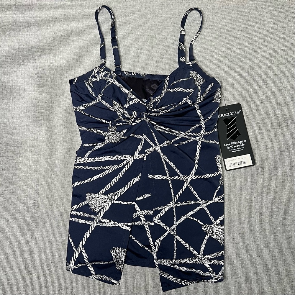 Miraclesuit Tankini Top only Blue and White Swimwear Size 10 Nautical Design NWT